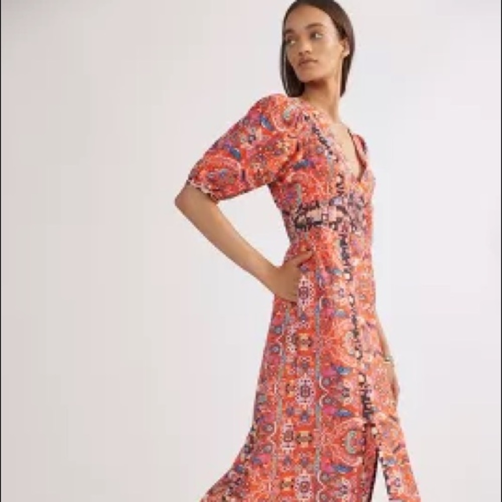 Orange multi-floral Anthropologie maxi dress (EUC)
